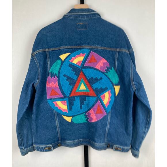 Sunbelt Jackets & Blazers - Vtg Sunbelt Sport Embroidered Patchwork Denim Jacket XL Boho Southwest Colorful